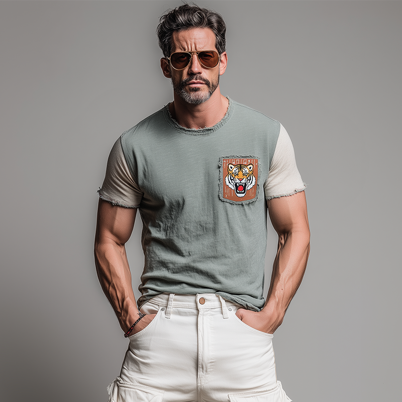Men's Fashion Casual Cotton Blended Tiger Patch Embroidered Raw Edge Slim Fit Short Sleeve T-shirt MTA1521G6K