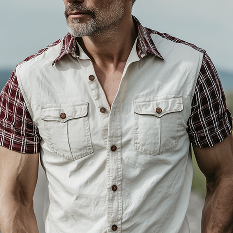 Men's Spring And Summer Fashion Casual Plaid Stitching Cotton Blended Slim Short-sleeved Shirt MTA0809G8K