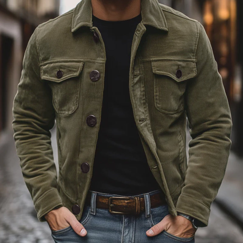 Men's Vintage Solid Color Corduroy Lapel Single Breasted Chest Pocket Cargo Jacket MTA3042G2M