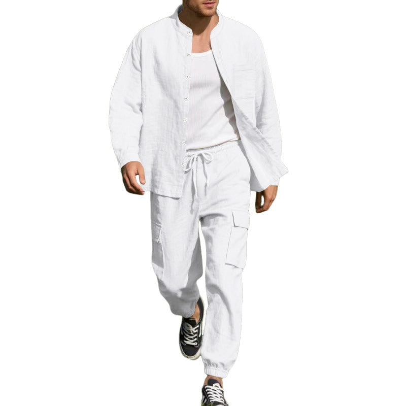 Men's Casual Cotton And Linen Long-Sleeved Trousers Two-Piece Set MTA0653E1X