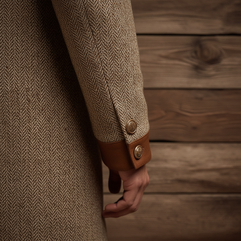 Men's Winter Fashion PU Patch Herringbone Faux Wool Mid-Length Coat MTA1503J9P