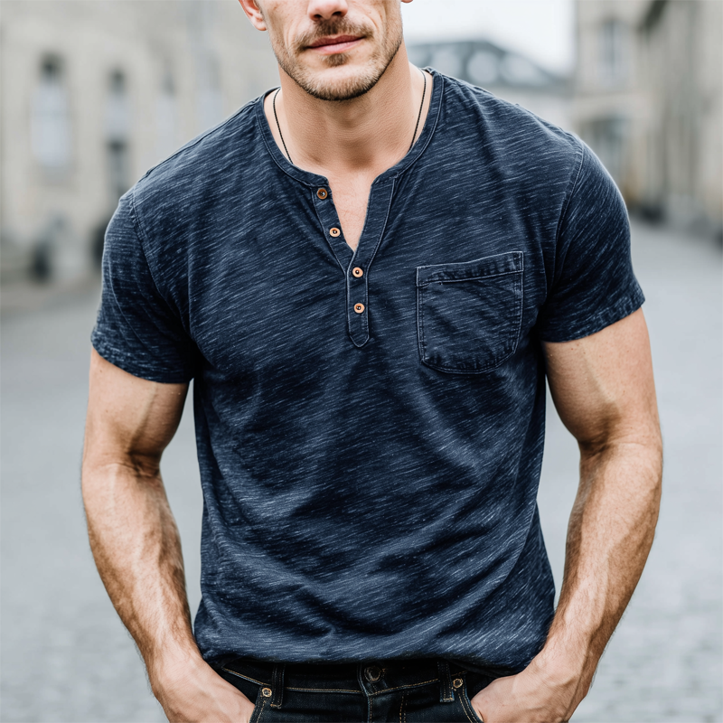 Men's Classic Henley Collar Cotton Short Sleeve T-Shirt MTA0835G8U