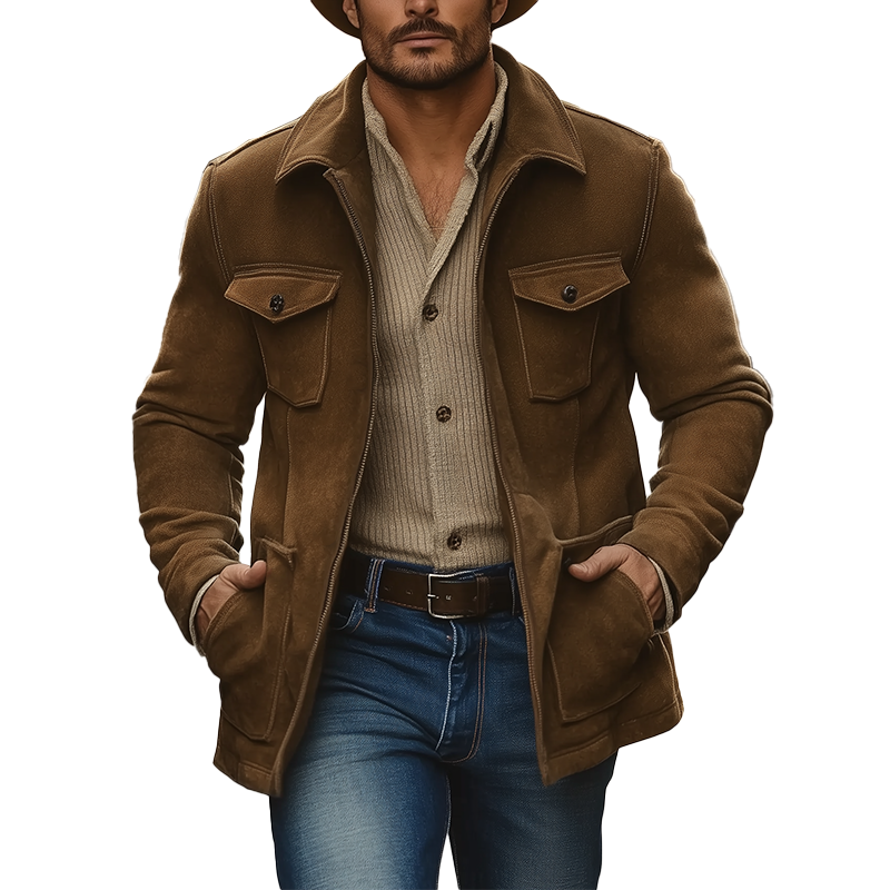 Men's Winter Retro Solid Color Faux Suede Zip-up Coat MTA3054J1P