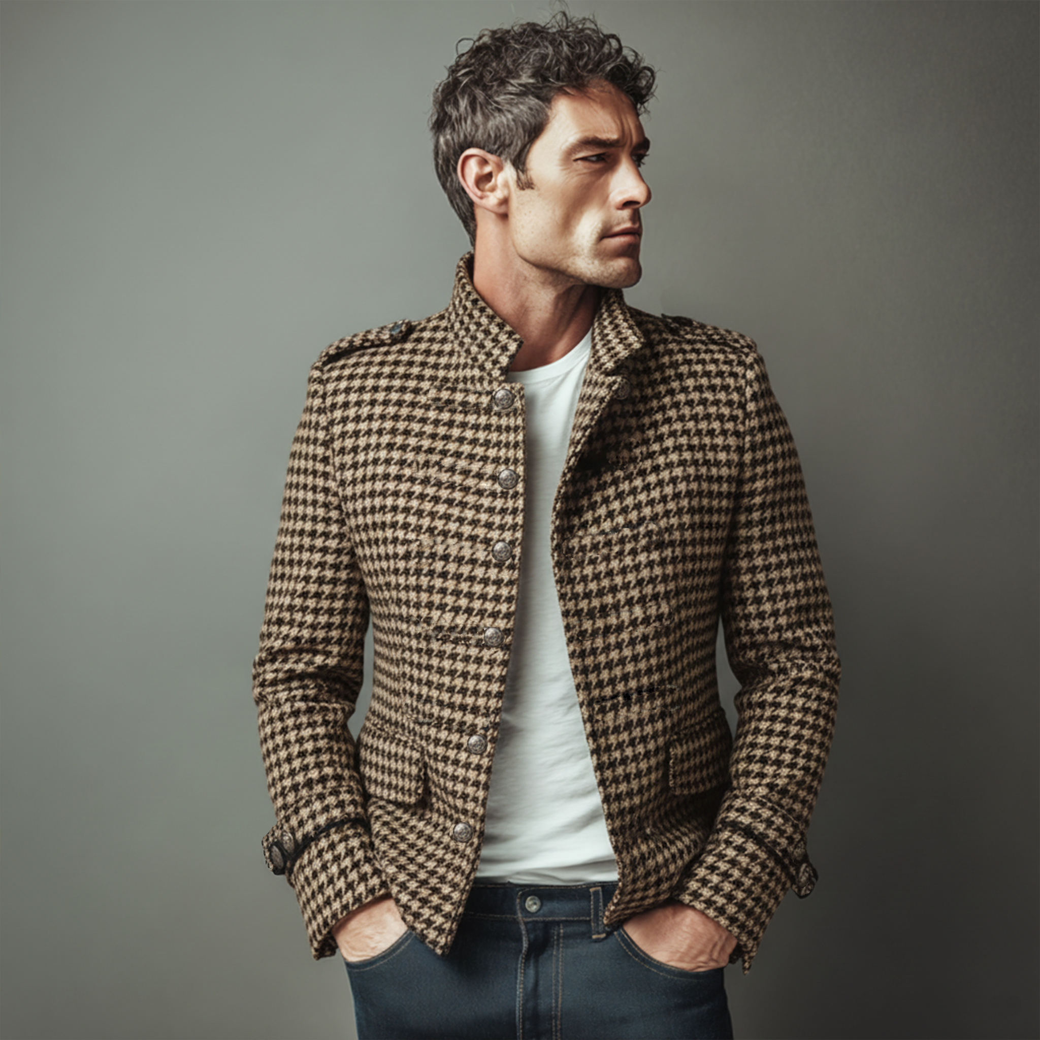 Men's Classic Retro Stand Collar Houndstooth Wool Single-breasted Slim-fit Jacket MTA1726I1K