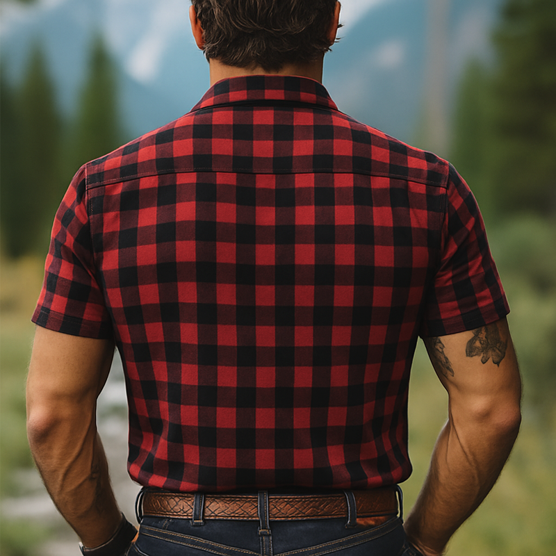 Men's Summer Retro Red And Black Plaid Button Short Sleeve Shirt MTA2678E3U