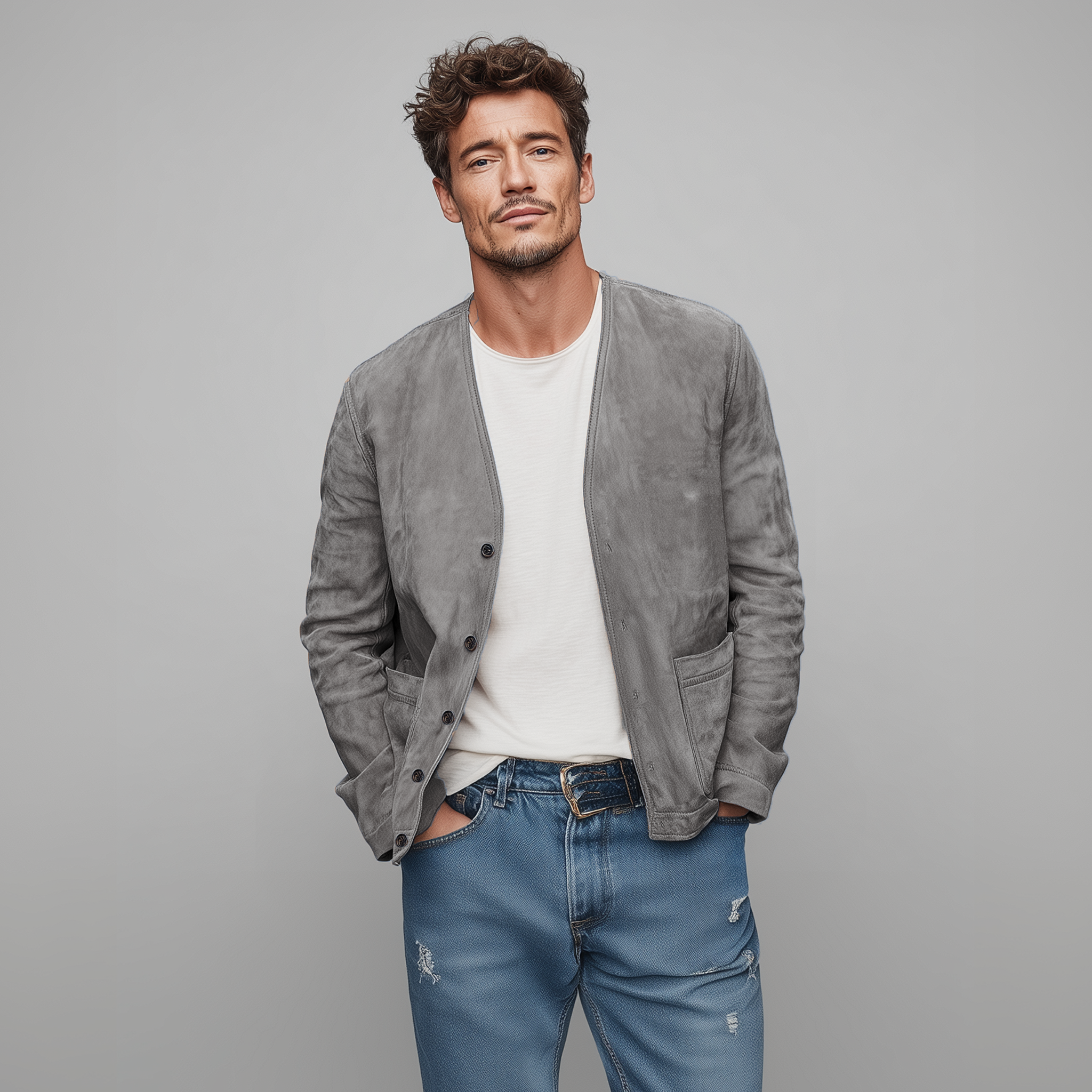 Men's Spring Casual Thin Suede Solid Color Collarless Loose Jacket MTA2275G4K