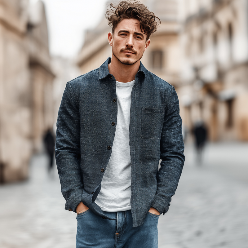 Men's Casual Breathable Cotton Linen Blend Lapel Patch Pocket Slim Fit Long Sleeve Shirt MTA1737G7M