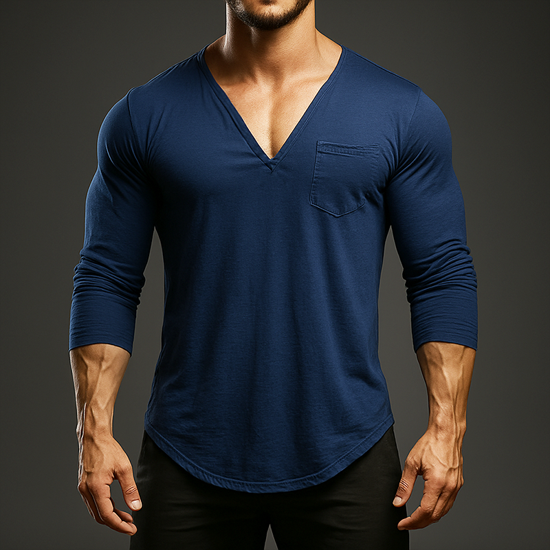 Men's Vintage Casual Cotton V-Neck Pocket Long Sleeve T-Shirt MTA2137G4TO