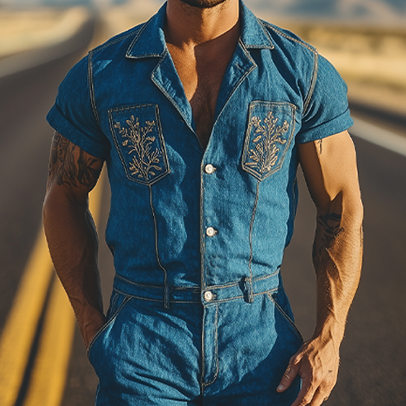 Men's Summer Fashion Retro Western Cowboy Style Pocket Embroidery Jumpsuit MTA1724D1K