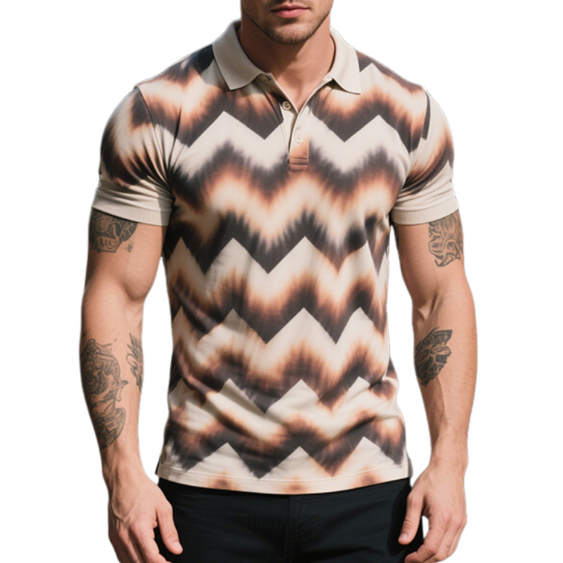 Men's Retro Casual Zigzag Gradient Print Short-Sleeved Polo Shirt MTA2039E3TO