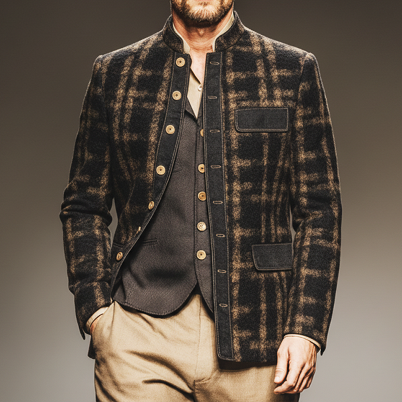 Men's Retro Stand-up Collar Imitation Wool Material Single Slit Multi-button Jacket MTA2469J2U