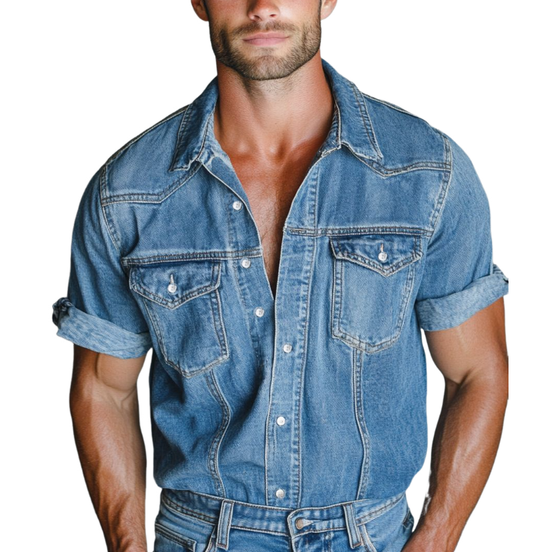 Men's Fashion Lapel Double Chest Pocket Short Sleeve Shirt MTA0723F3Y