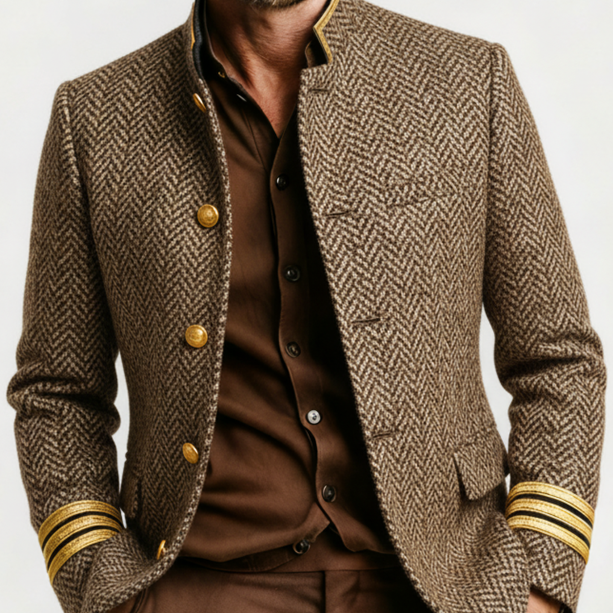 Men's Classic Retro Stand-up Collar Herringbone Wool Jacket MTA2886K4K