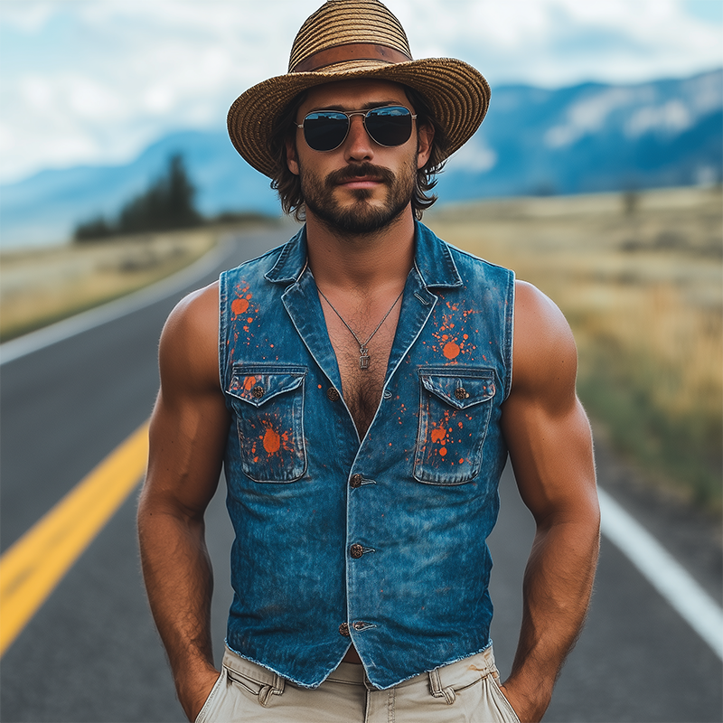 Men's Fashion Casual Washed Denim Personalized Ink Splash V-Neck Slim Vest MTA2426F5K
