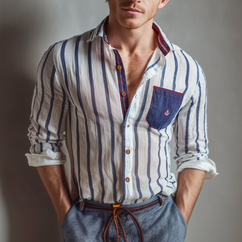 Men's Striped Print Stitching Embroidered Long Sleeve Shirt MTA1564G4X