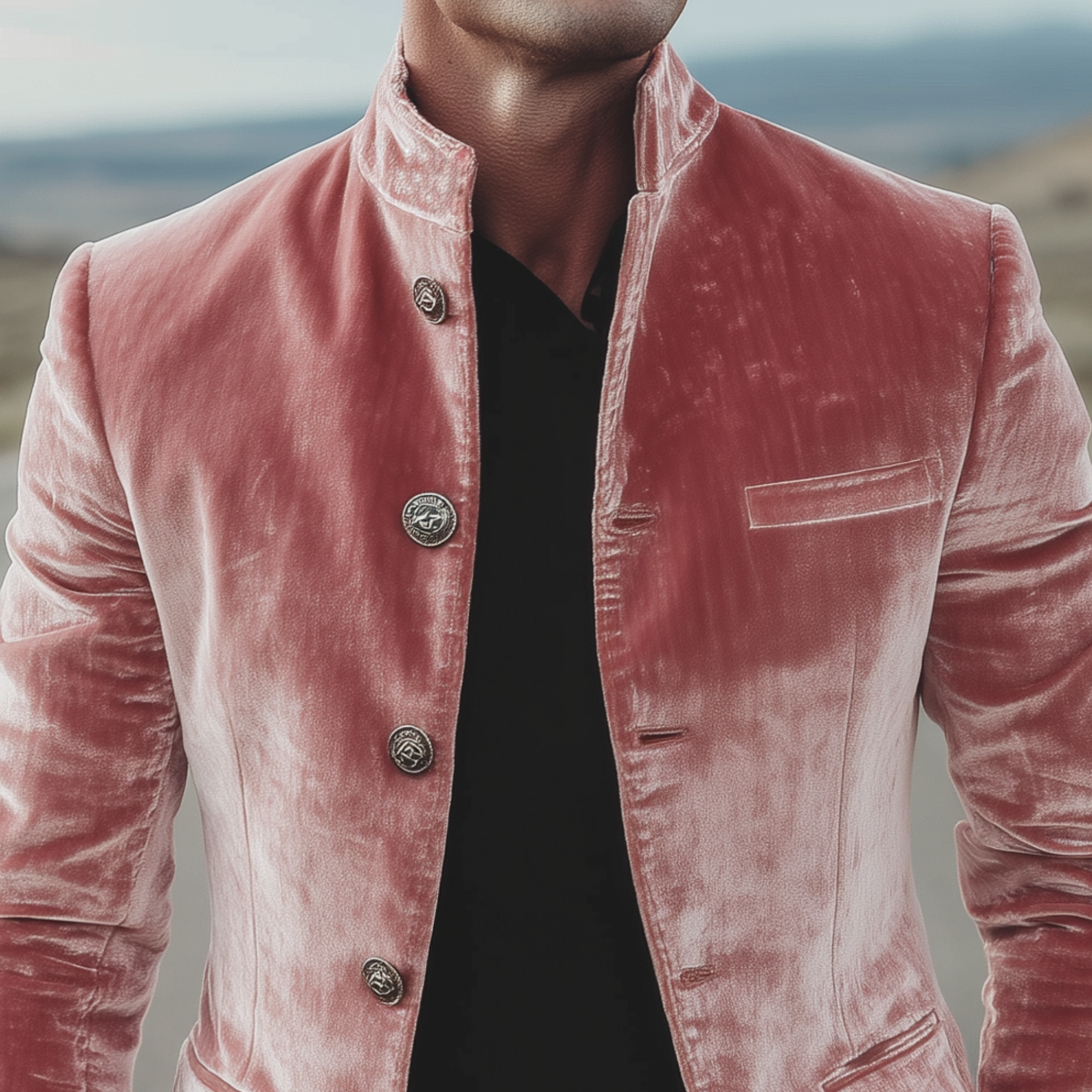 Men's Classic American Retro Stand Collar Button Pink Velvet Slim Jacket MTA1953H8K