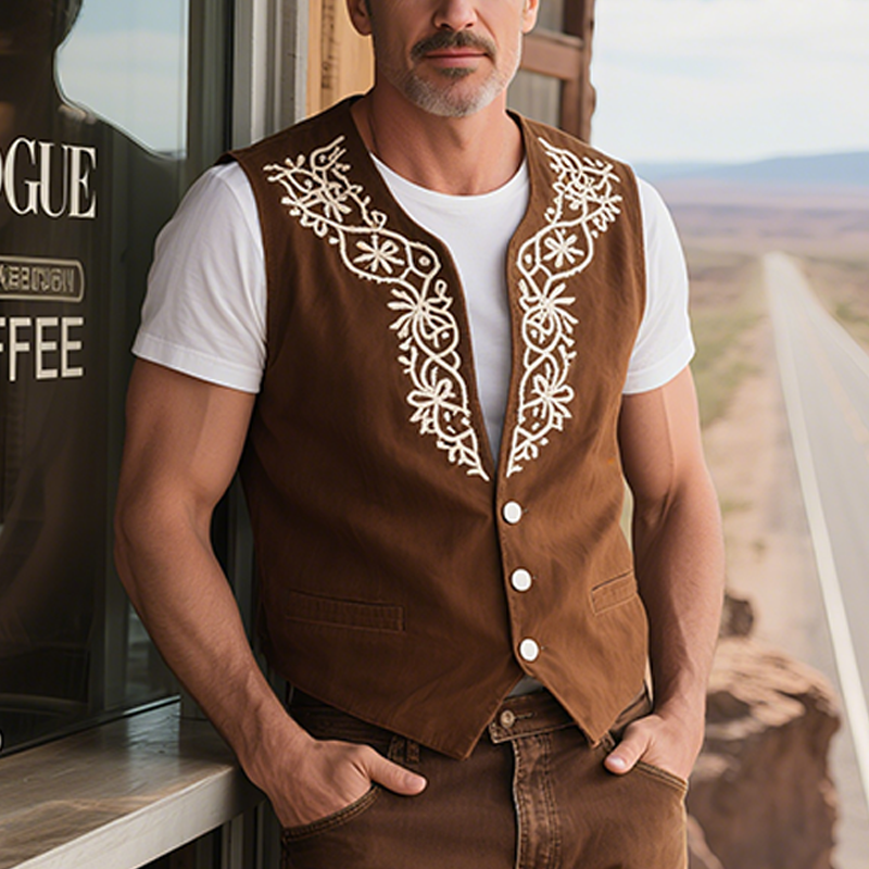 Men's Spring And Summer American Retro Western Style Thin Suede Embroidered Vest MTA1767F6K