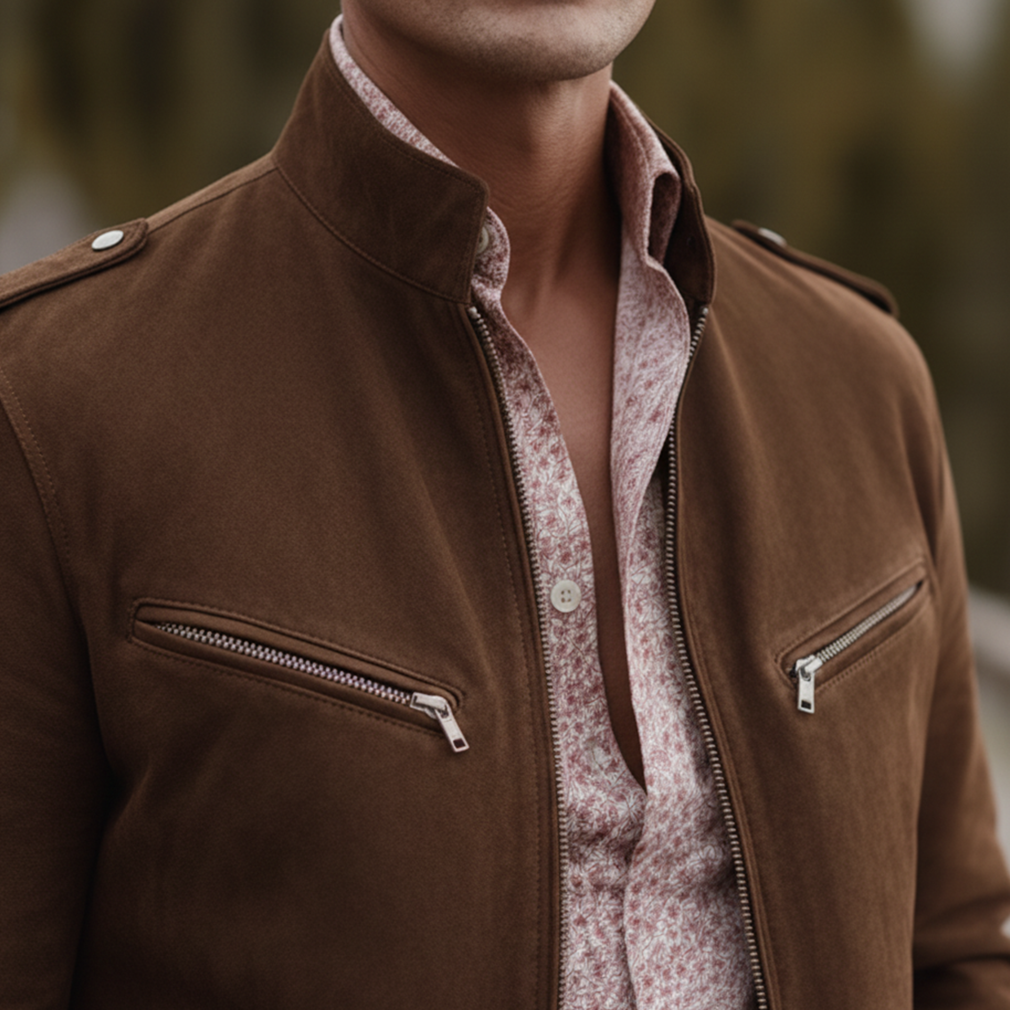 Men's Classic Retro Stand-up Collar Epaulette Multi-pocket Faux Suede Jacket MTA0126K4K