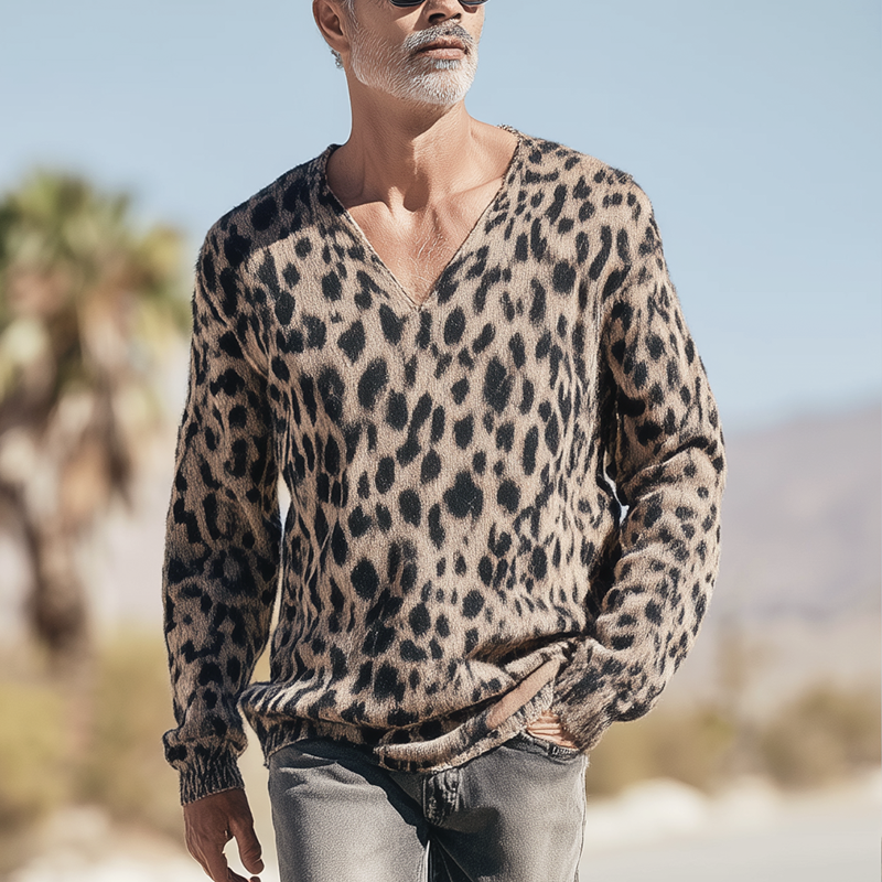 Men's Vintage Leopard Print Cotton Knit Long Sleeve Sweater MTA1422H2P