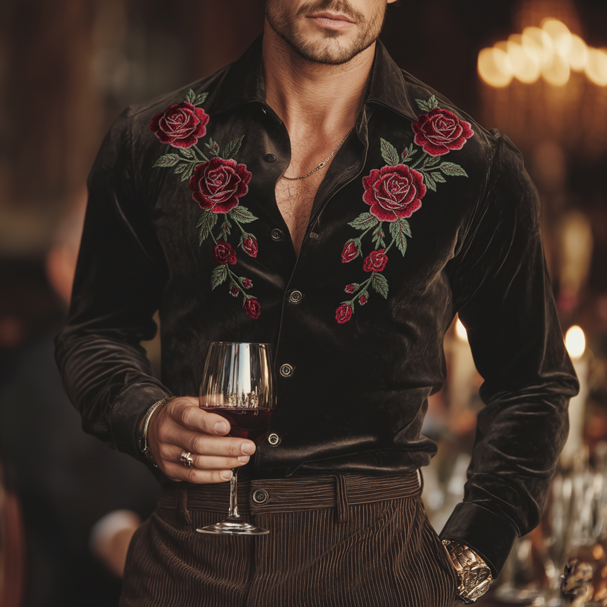 Men's Classic Vintage Rose Embroidery Faux Velvet Long-sleeved Shirt MTA0549L8K