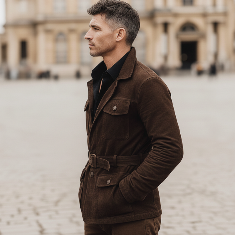 Men's Classic Elegant Dark Brown Faux Suede Belted Jacket MTA3075L4U