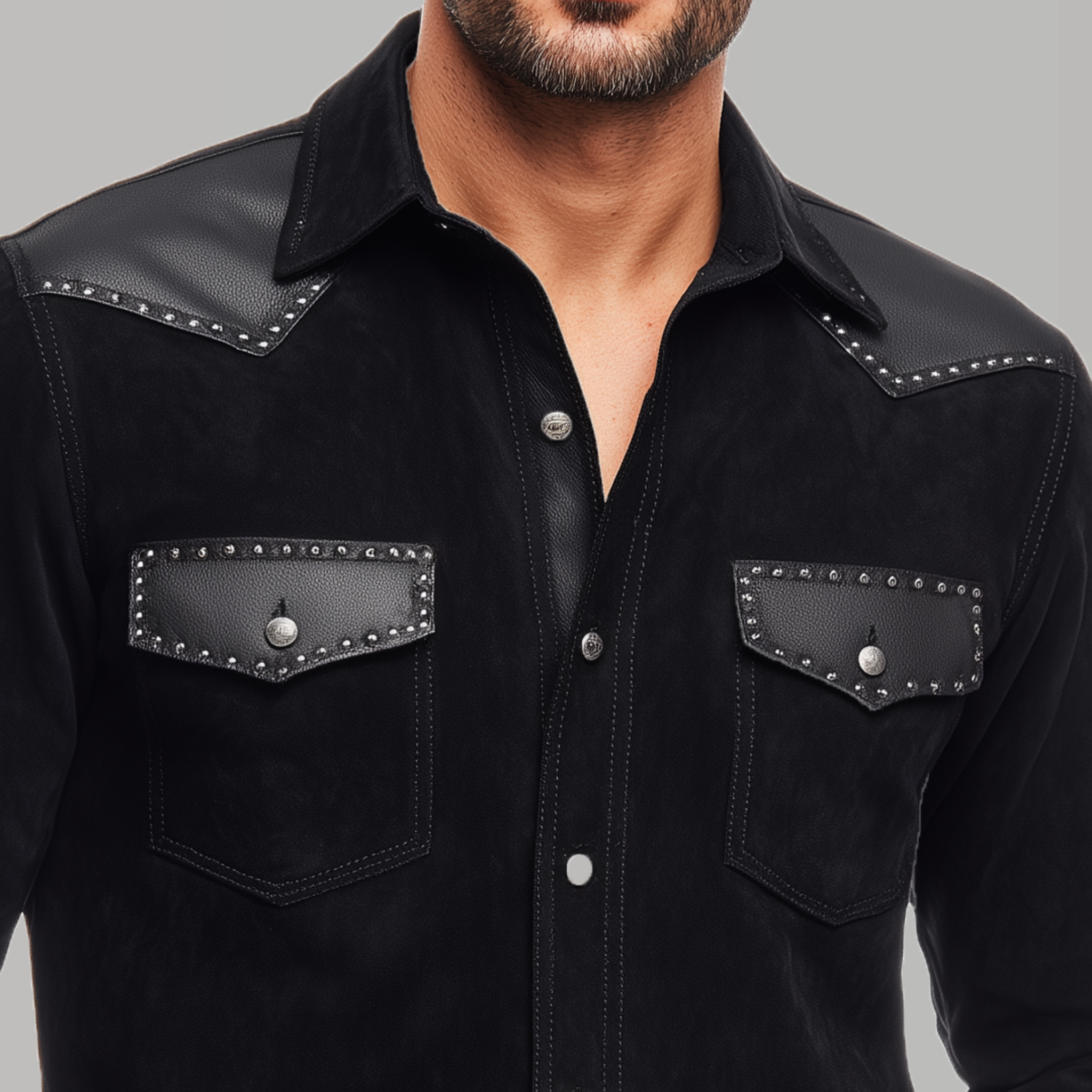 Men's Classic Retro Western Cowboy Style Suede Stitching PU Leather Metal Rivet Decorated Long Sleeve Shirt MTA0609H9K