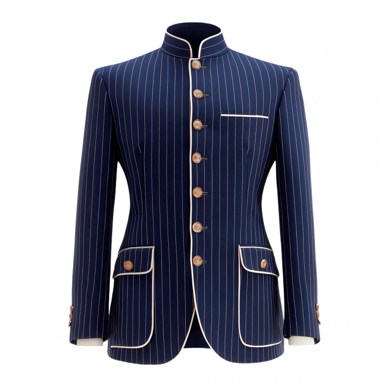 Men's Vintage Classic Cotton Blend Vertical Striped Stand Collar Single-breasted Metal Button Slim-fit Blazer MTA0485H3M