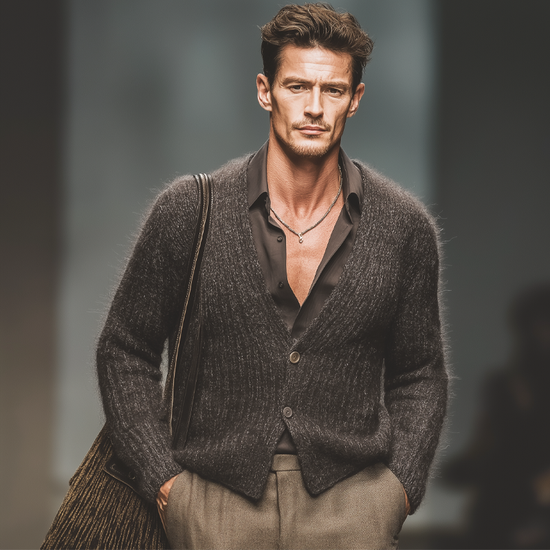 Men's Retro Gray-Brown V-Neck Slim Fit Knit Cardigan MTA3071J8U