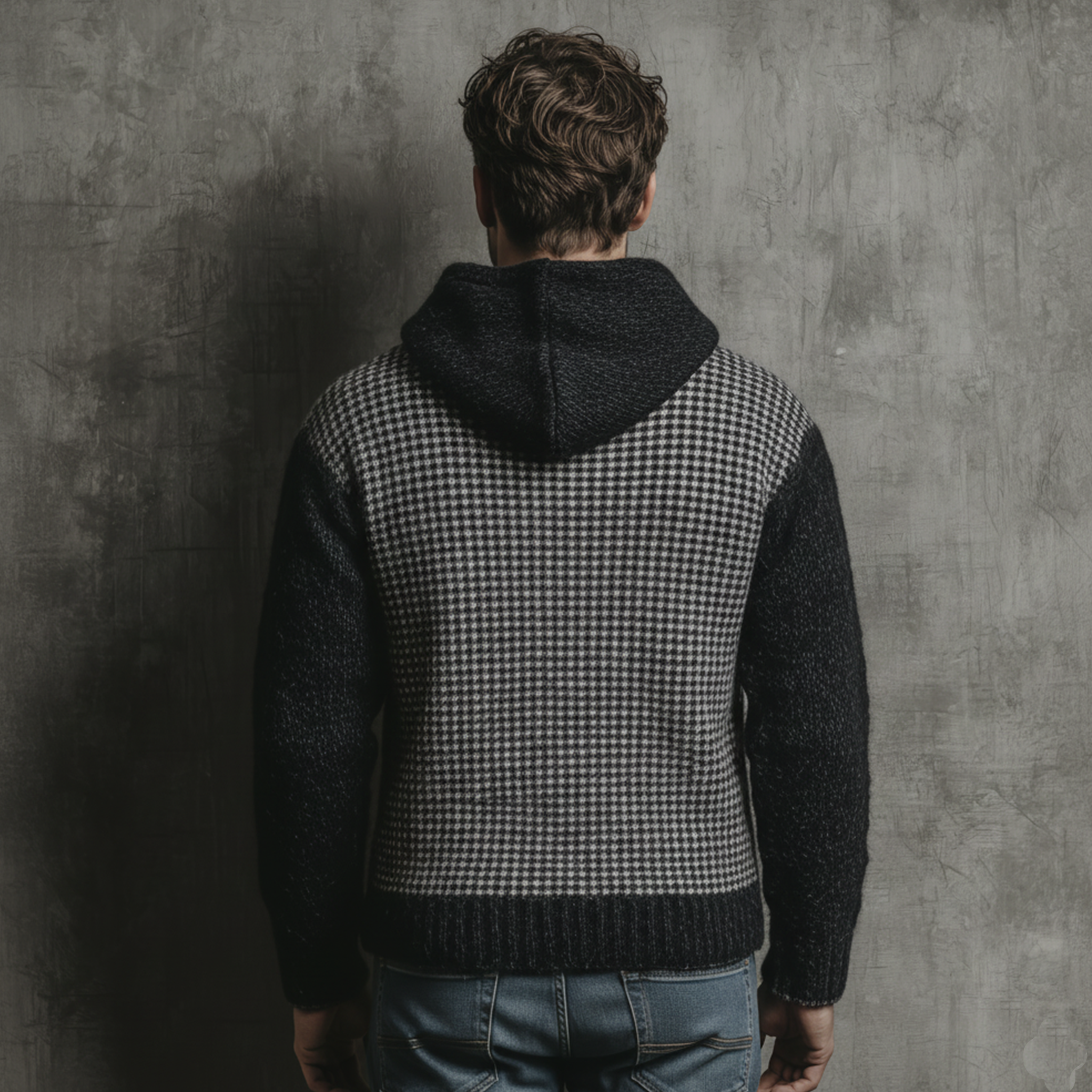 Men's Classic Casual Patchwork Houndstooth Pattern Hooded Loose Sweater MTA1007J2K