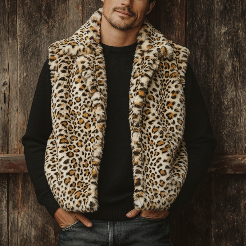 Men's Winter Leopard Print Stand Collar Faux Mink Warm Vest MTA3055I5P