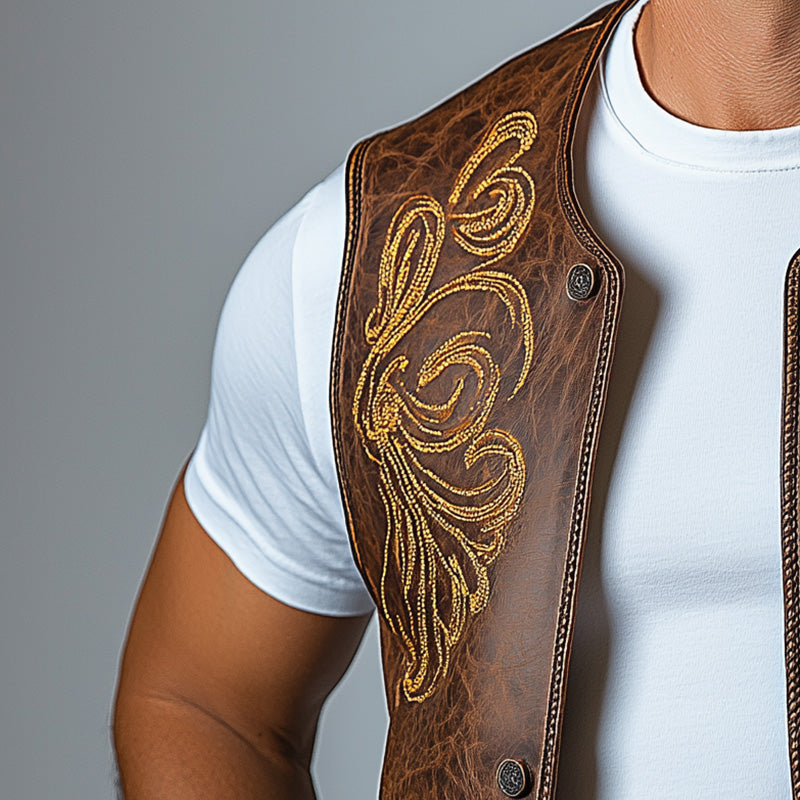 Men's Summer Western Cowboy Style Leather Embroidered Vest MTA2928D5P