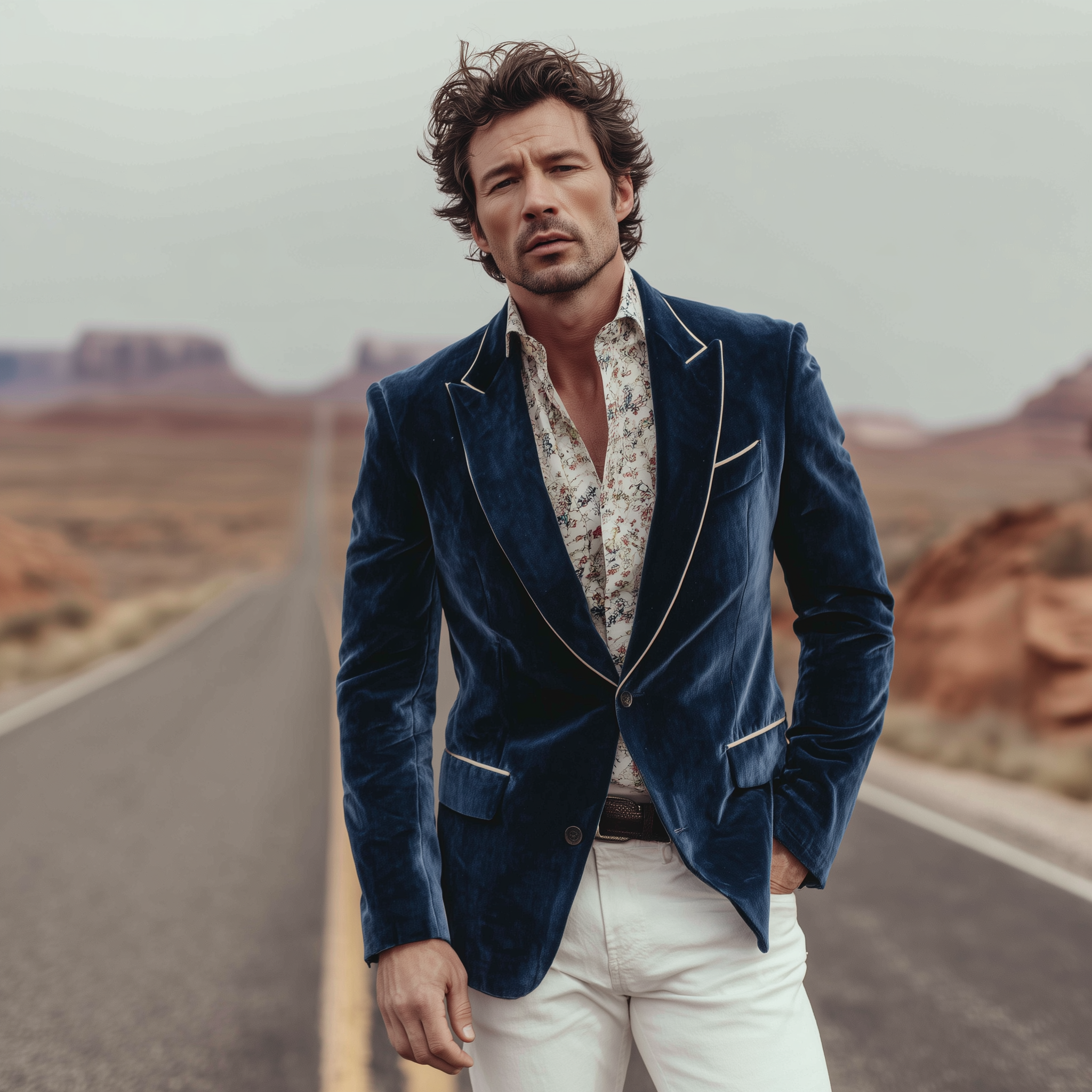 Men's Classic Retro Western Style Velvet Single-breasted Slim-fit Blazer MTA2508H2K