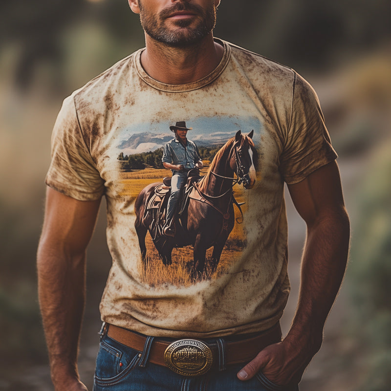 Men's Summer Western Cowboy Style Retro Print Round Neck T-Shirt MTA2934D7U