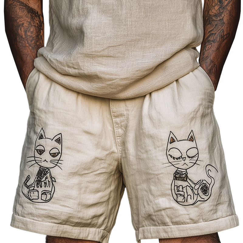 Men's Summer Fashion Cat Print Linen Blend Casual Shorts MTA2044F2P