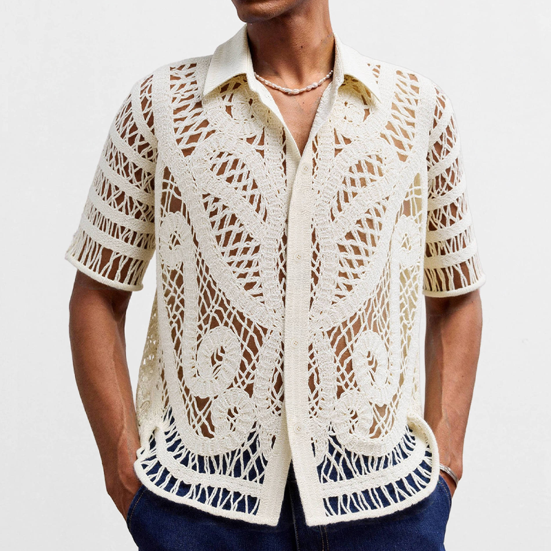 Men's Solid Color Knitted Jacquard Short-sleeved Shirt MTA0599F1X
