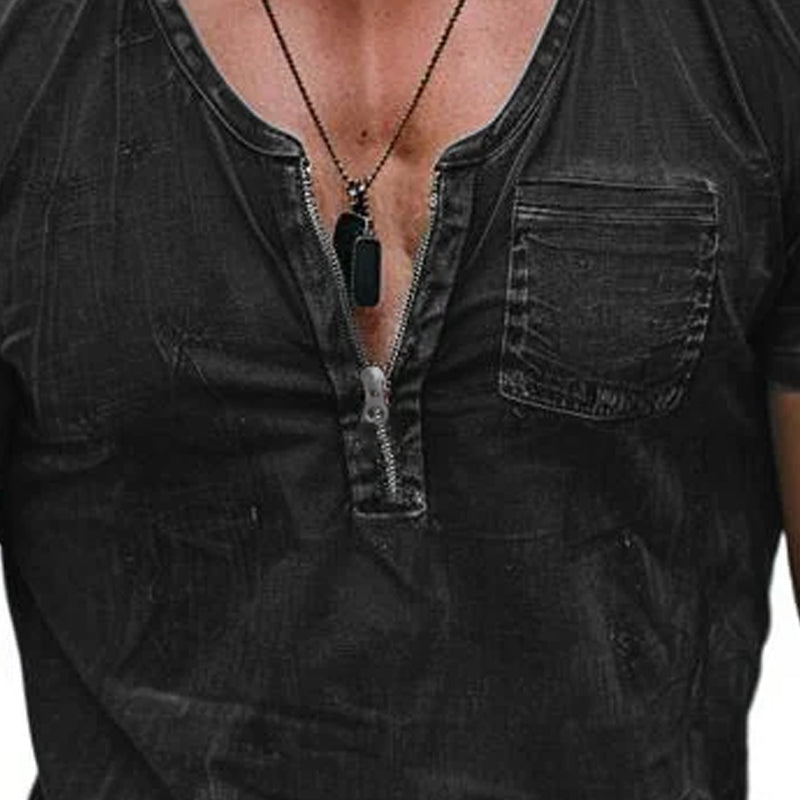 T-shirt décontracté à manches courtes en coton délavé pour hommes avec poche plaquée et col zippé 02327457M