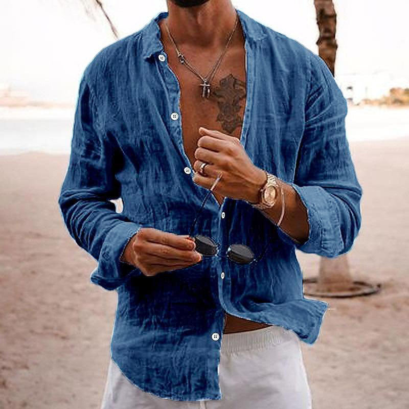 Camicia casual da uomo in cotone e lino a maniche lunghe, tinta unita, con risvolto 76098441M