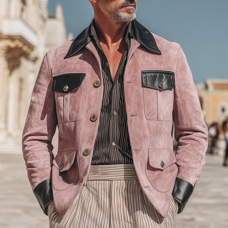 Men's Classic Suede And PU Leather Button-down Jacket MTA1689I5U