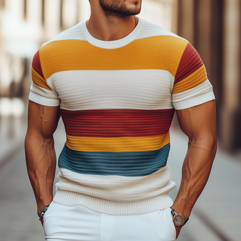 Men's Casual Colorful Striped Knitted Round Neck Slim Fit Short Sleeve Sweater T-shirt MTA2115G8M