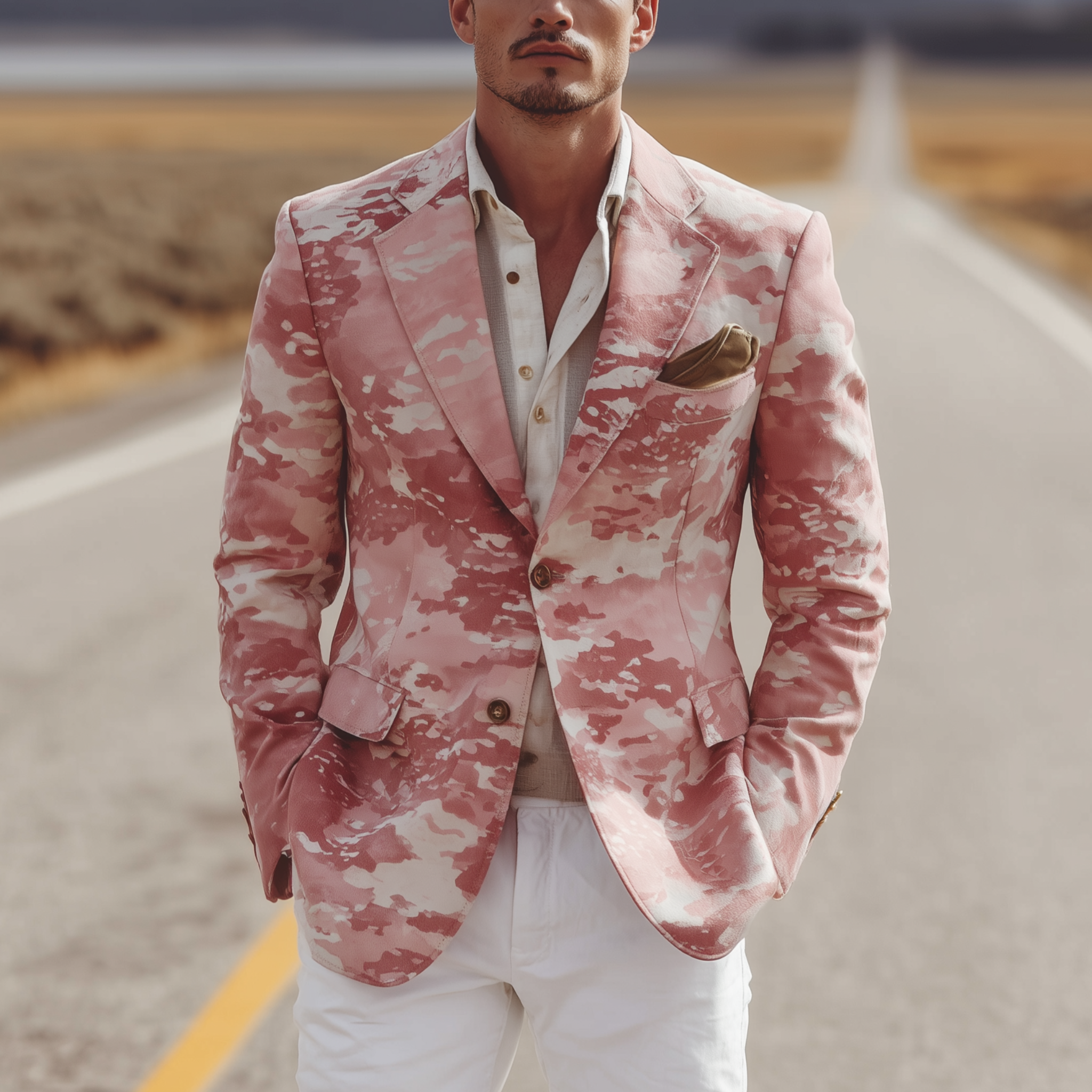 Men's Classic Casual Pink Camouflage Suede Single-Breasted Blazer MTA2865H3K
