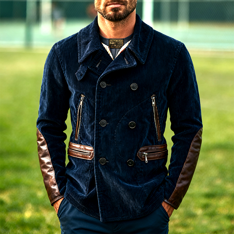 Men's Corduroy Retro Patchwork PU Button Jacket MTA1198K6X