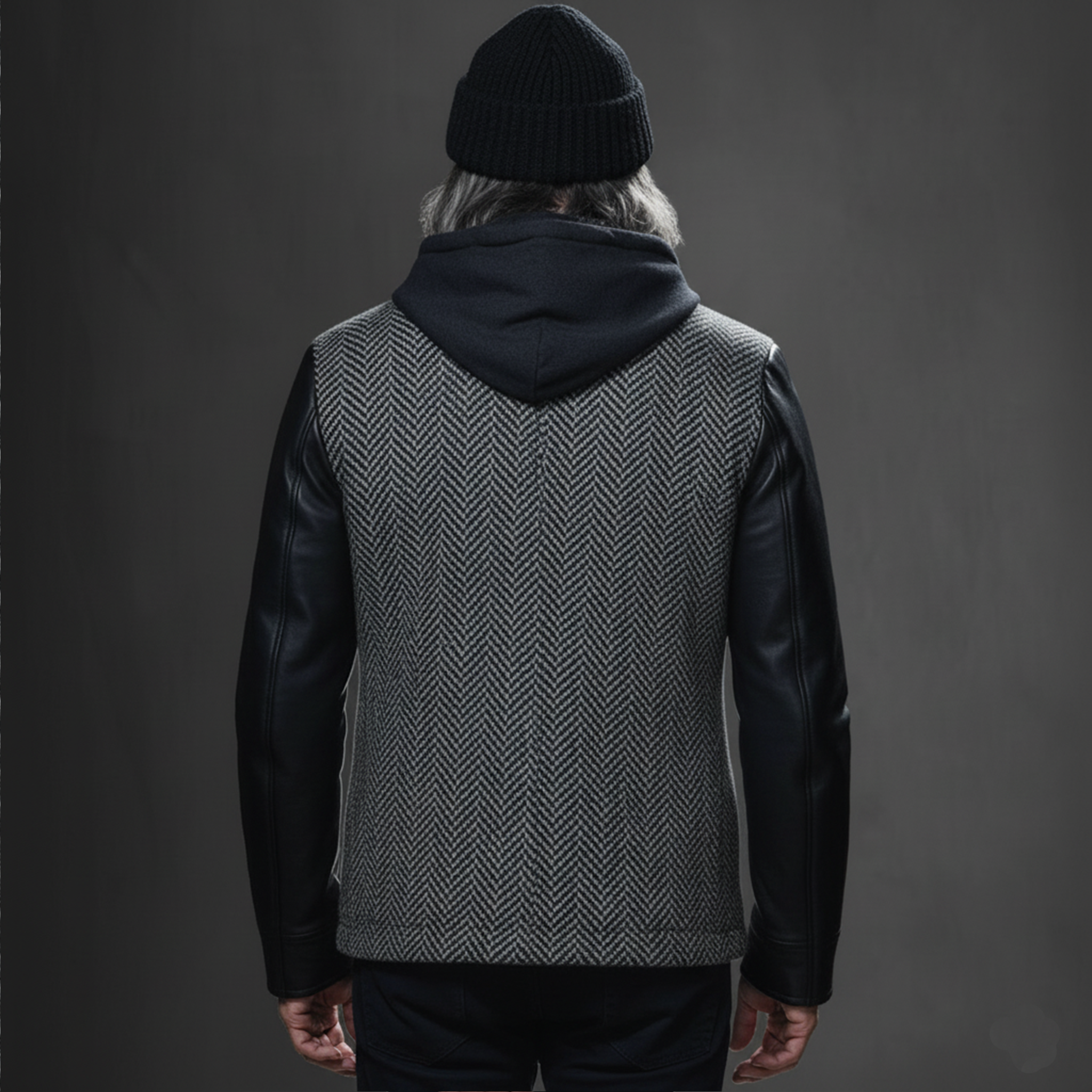 Men's Classic Retro Sleeves Stitching PU Leather Stand Collar Faux Herringbone Woolen Jacket MTA2858I3K