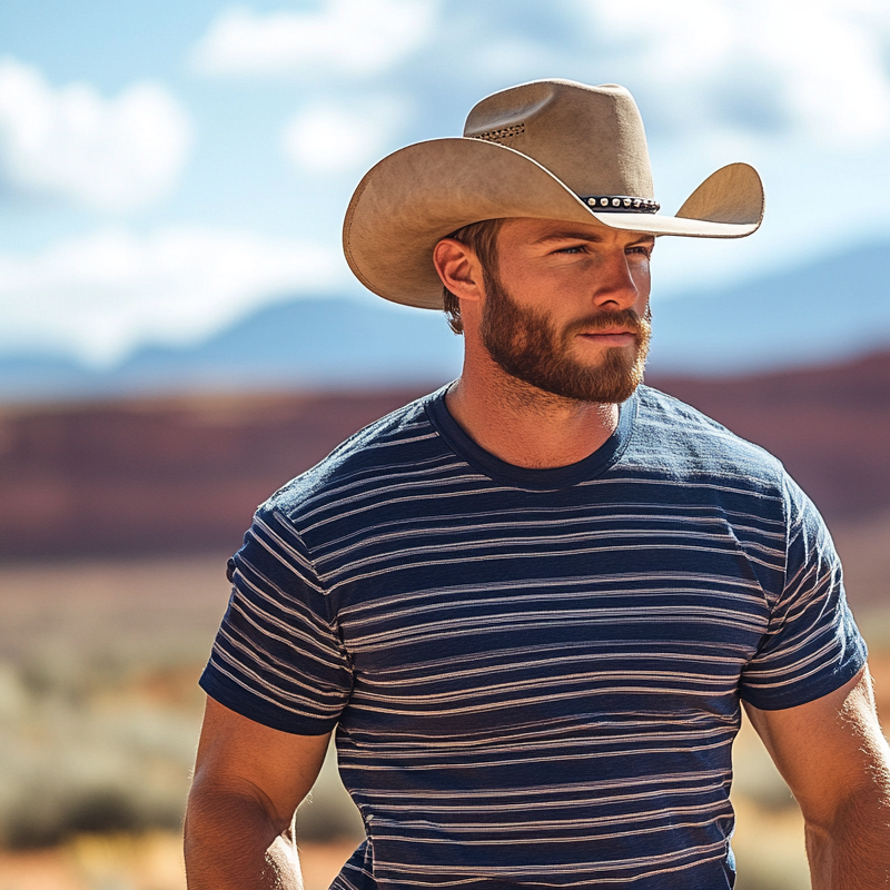 Herre t-skjorte med rund hals og korte ermer, stripete i western-cowboystil MTA2037E7Z