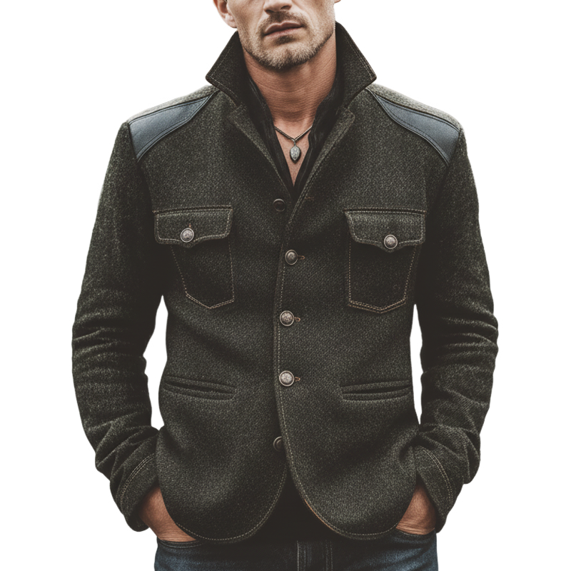 Men's Retro Stand Collar Faux Wool Patchwork PU Leather Single-Slit Jacket MTA2031K5U