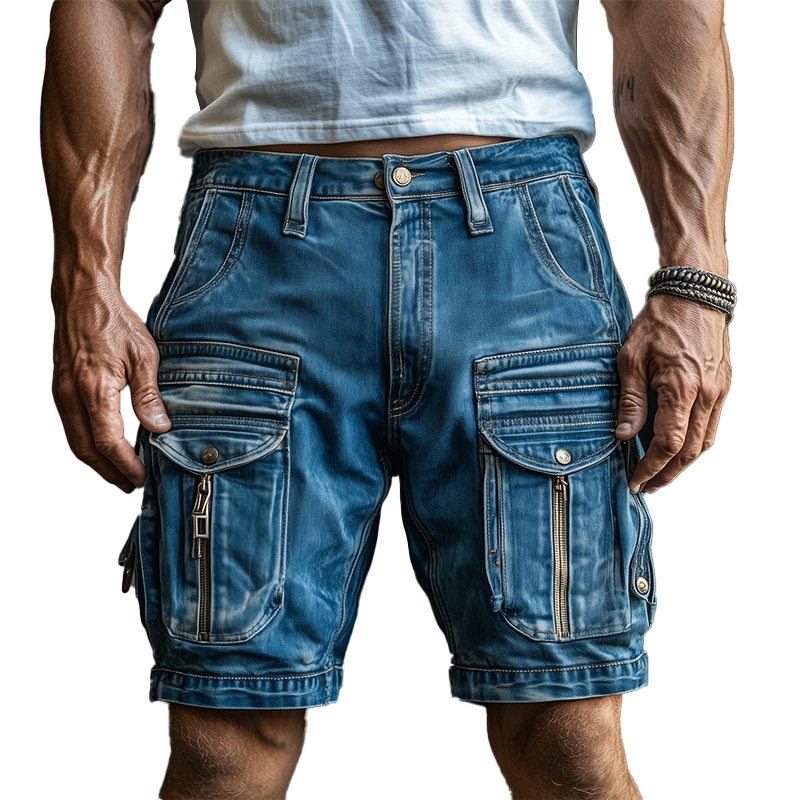 Men's Summer Fashion Washed Multi-Pocket Denim Cargo Shorts MTA3022F1P