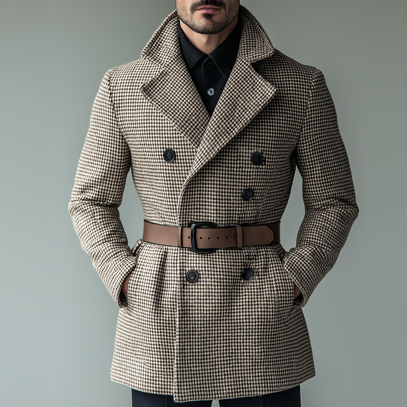 Men's Retro Casual Houndstooth Double-Breasted Belt Jacket MTA2026K4TO