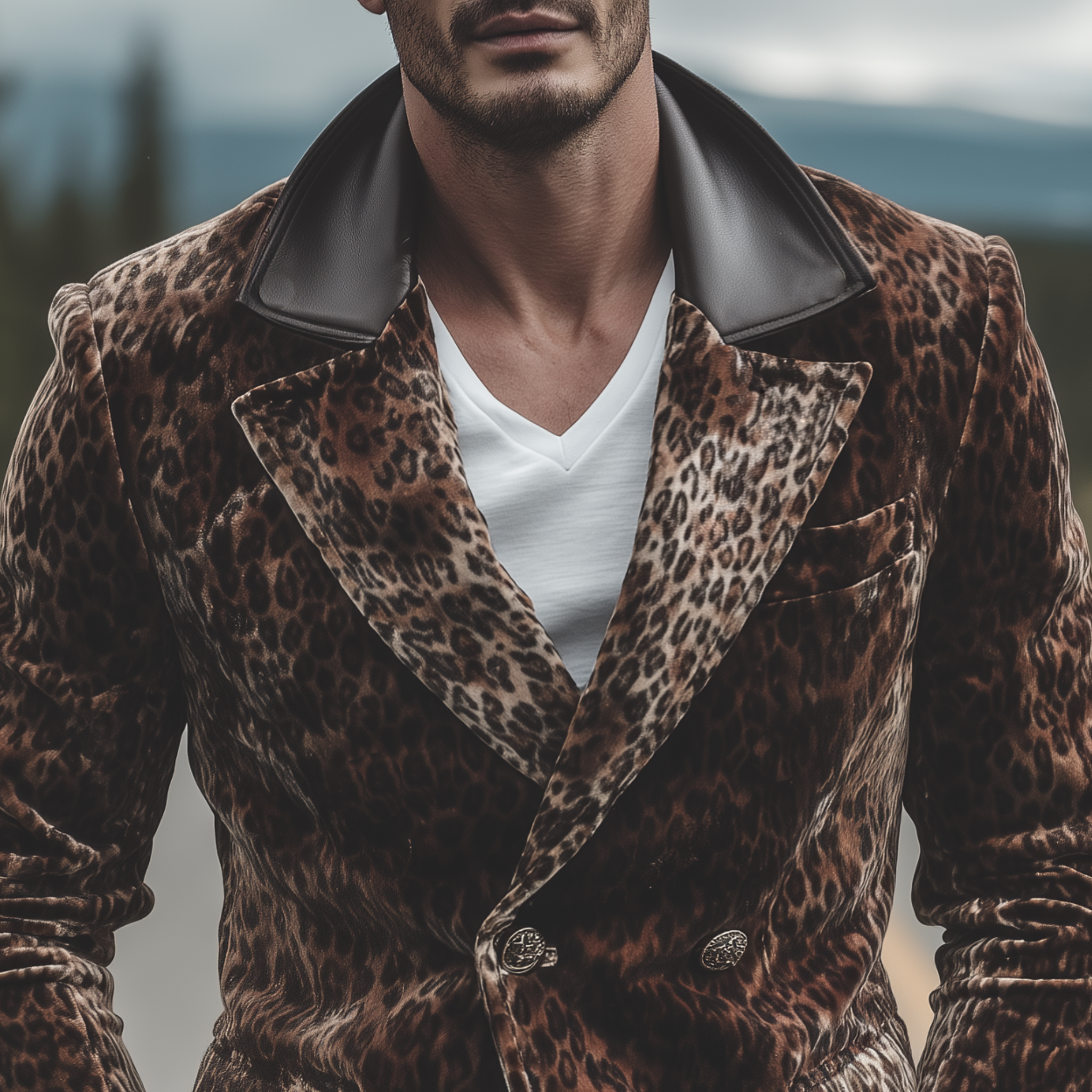 Men's Classic Retro Pu Leather Collar Double-breasted Velvet Leopard Print Blazer MTA0377I8K