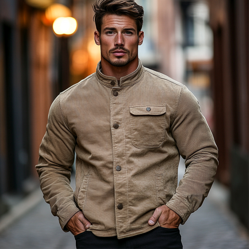 Men's Stand Collar Corduroy Single-Breasted Jacket MTA1976H3X
