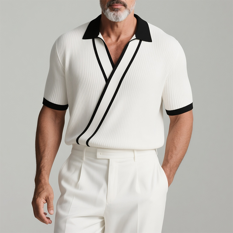 Men's Retro Casual Knitted Colorblock Lapel Short Sleeve Shirt MTA2778F8TO