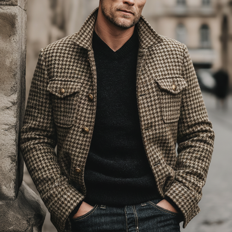 Men's Retro Classic Houndstooth Lapel Faux Wool Jacket MTA3100J0U